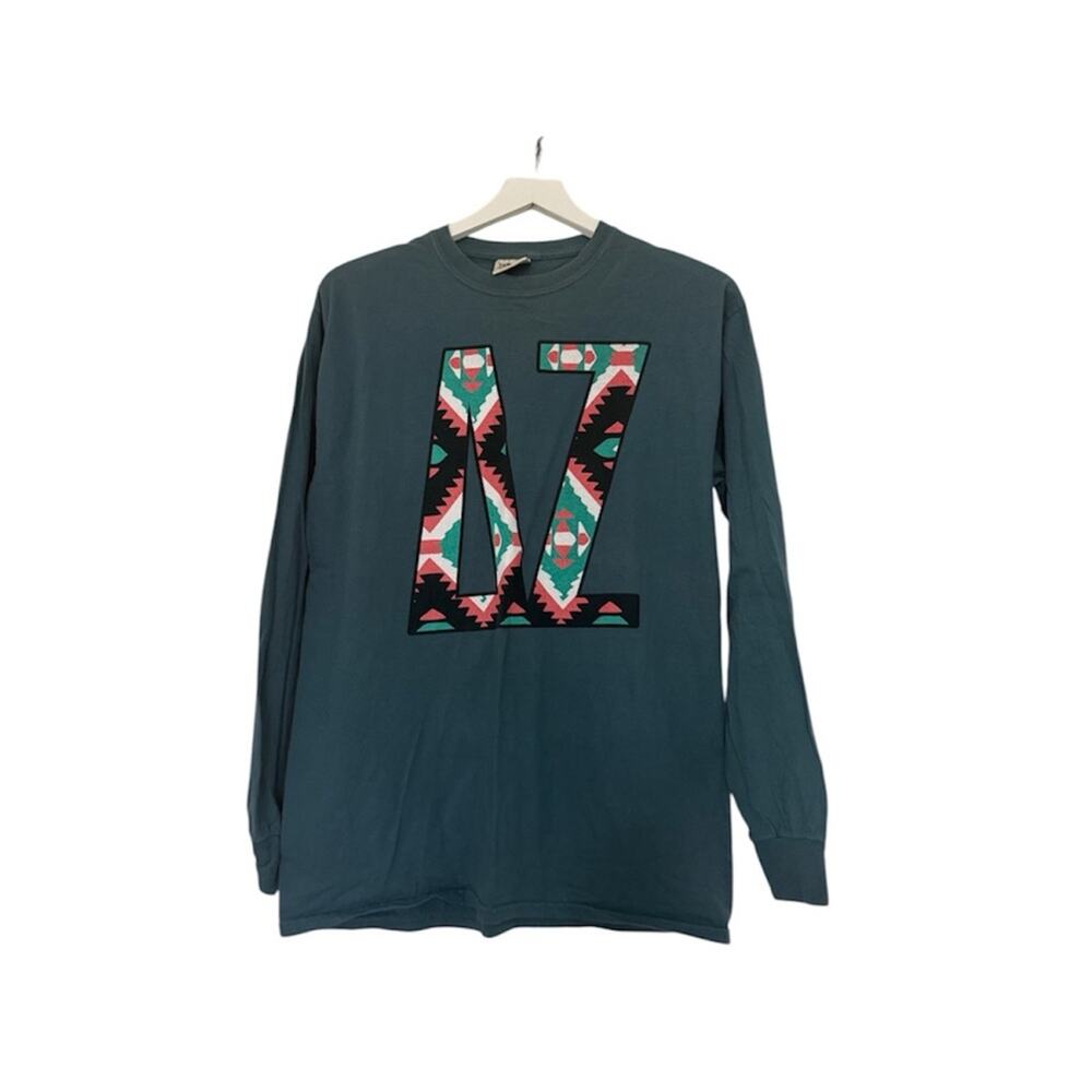 Delta Zeta Teal Green Blue Aztec Print Block Letter Long Sleeve T-Shirt Medium